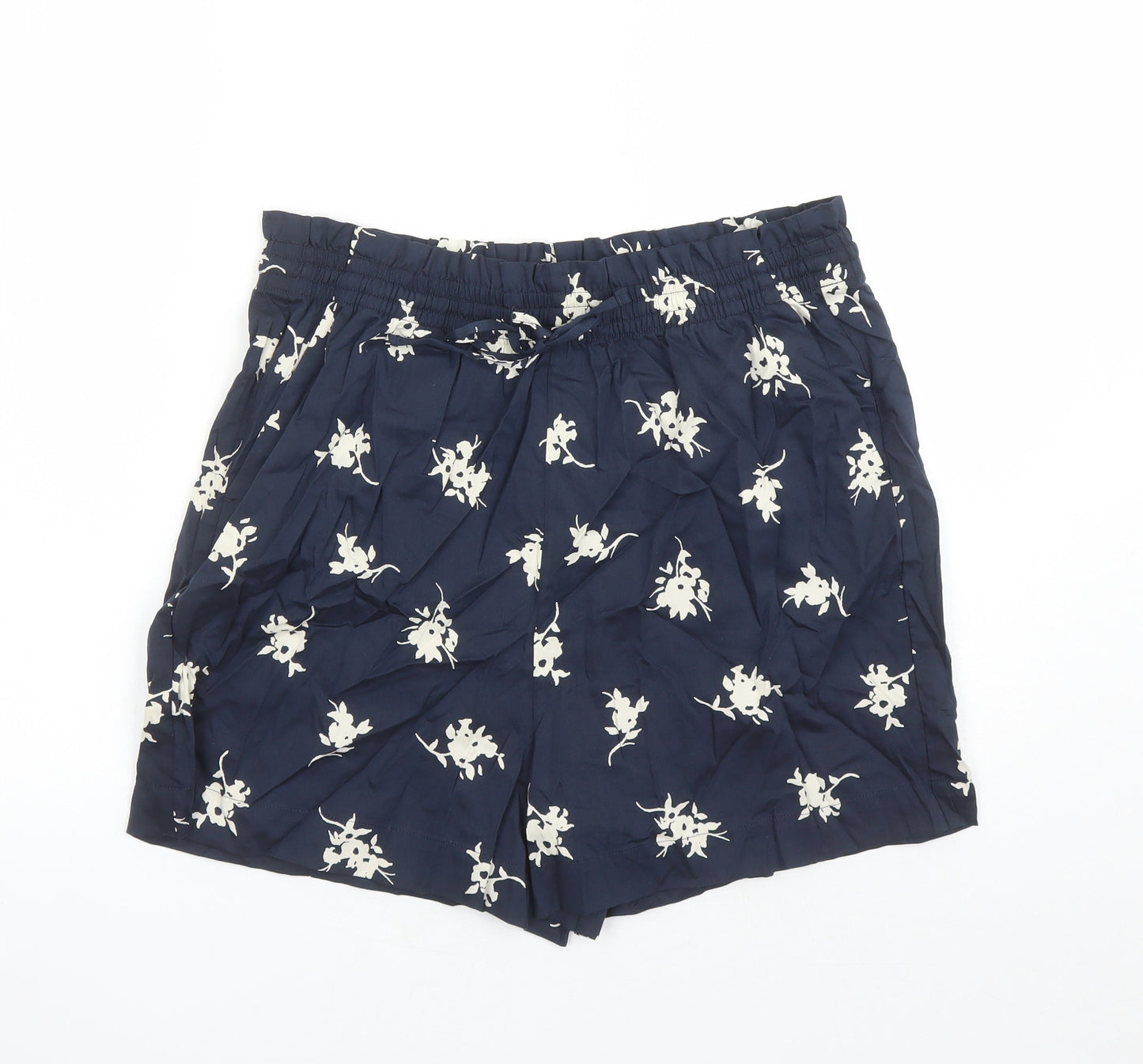 Marks and Spencer Womens Blue Floral Cotton Bermuda Shorts Size 14 L4 in Regular Drawstring - Elasticated Waist Pockets