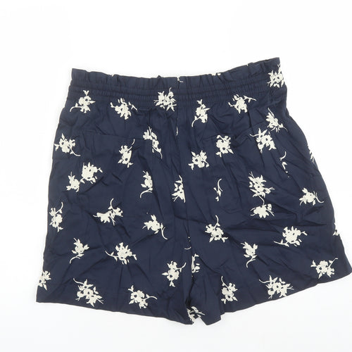 Marks and Spencer Womens Blue Floral Cotton Bermuda Shorts Size 14 L4 in Regular Drawstring - Elasticated Waist Pockets