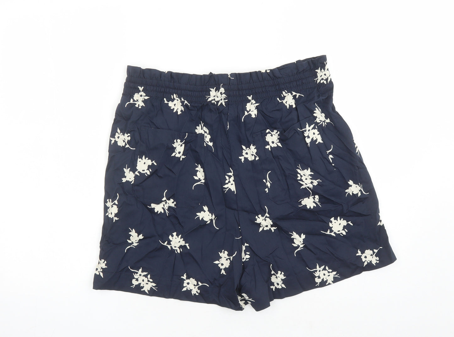 Marks and Spencer Womens Blue Floral Cotton Bermuda Shorts Size 14 L4 in Regular Drawstring - Elasticated Waist Pockets