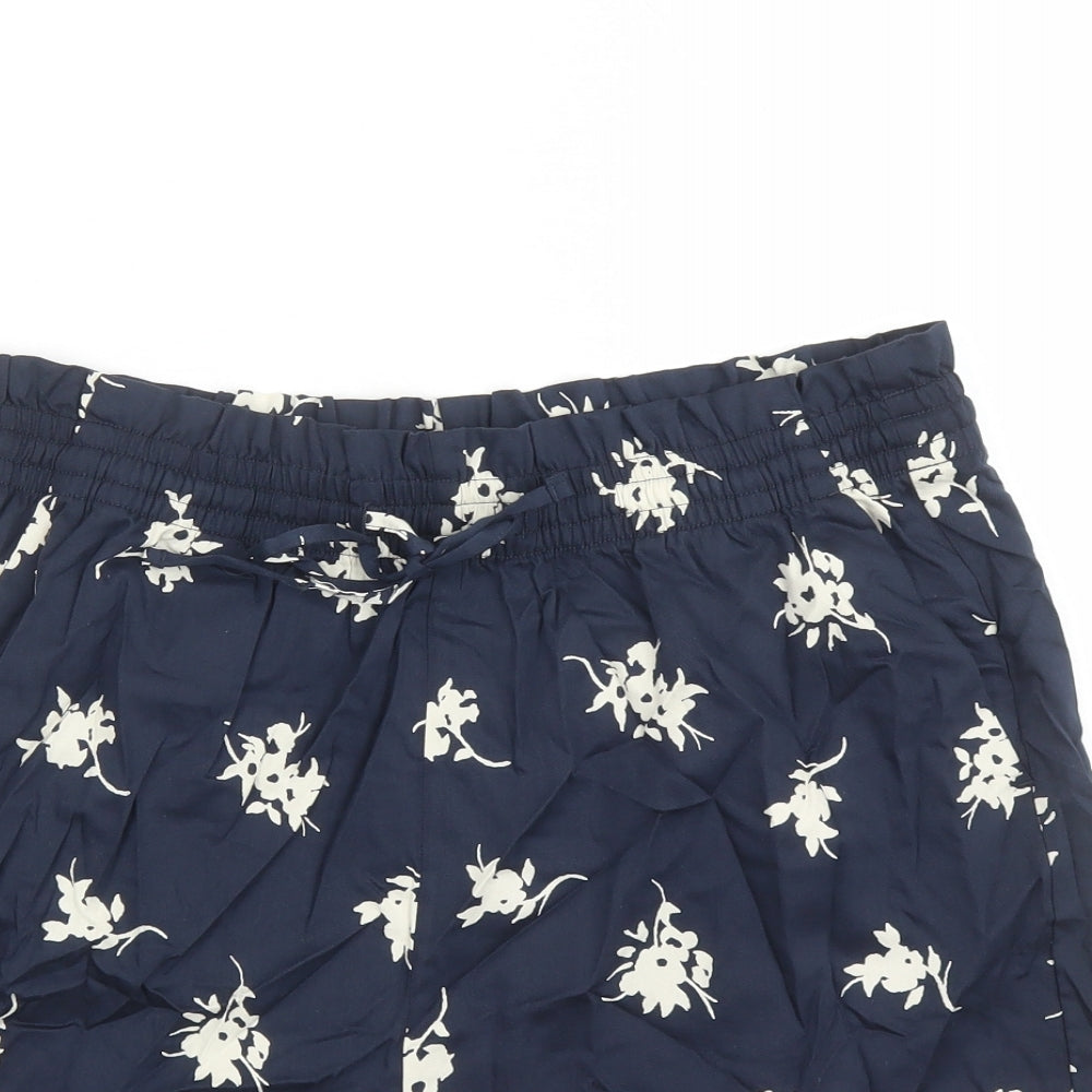 Marks and Spencer Womens Blue Floral Cotton Bermuda Shorts Size 14 L4 in Regular Drawstring - Elasticated Waist Pockets