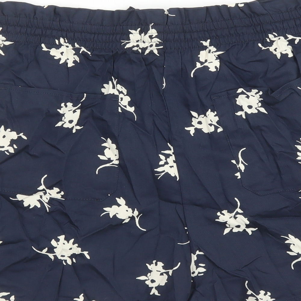 Marks and Spencer Womens Blue Floral Cotton Bermuda Shorts Size 14 L4 in Regular Drawstring - Elasticated Waist Pockets