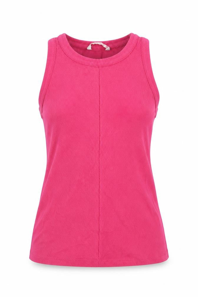 Front view of Dressberry women’s pink 100% cotton basic tank, size M, round neck