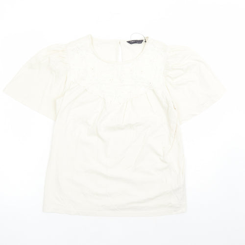 marks and Womens Ivory Floral 100% Cotton Basic T-Shirt Size 6 Round Neck - Embroidered Detail
