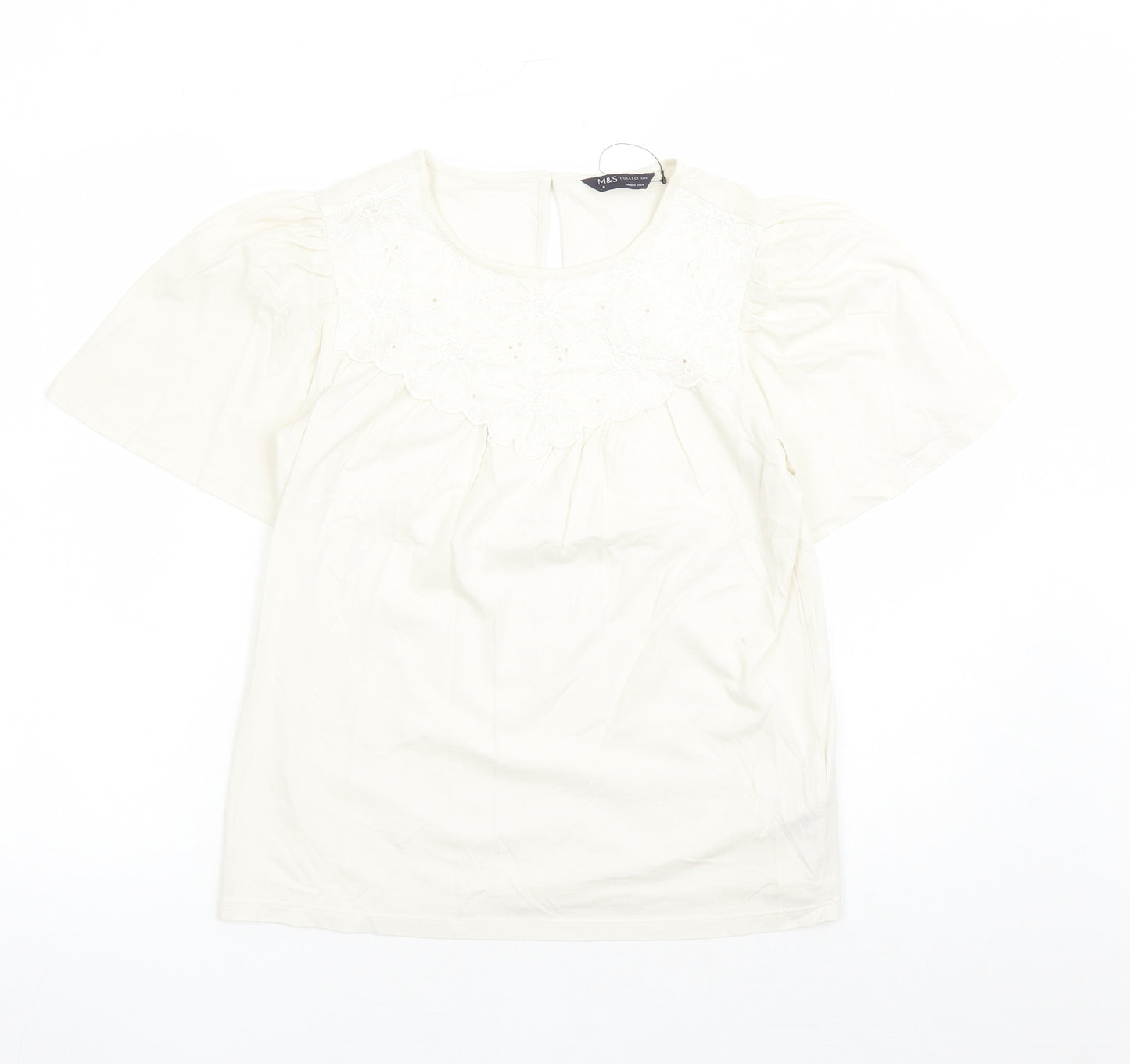 marks and Womens Ivory Floral 100% Cotton Basic T-Shirt Size 6 Round Neck - Embroidered Detail