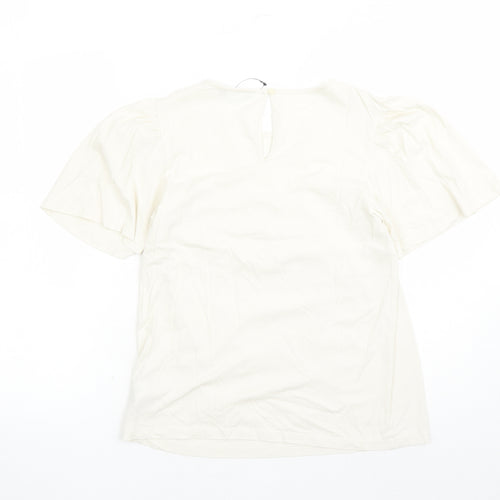 marks and Womens Ivory Floral 100% Cotton Basic T-Shirt Size 6 Round Neck - Embroidered Detail