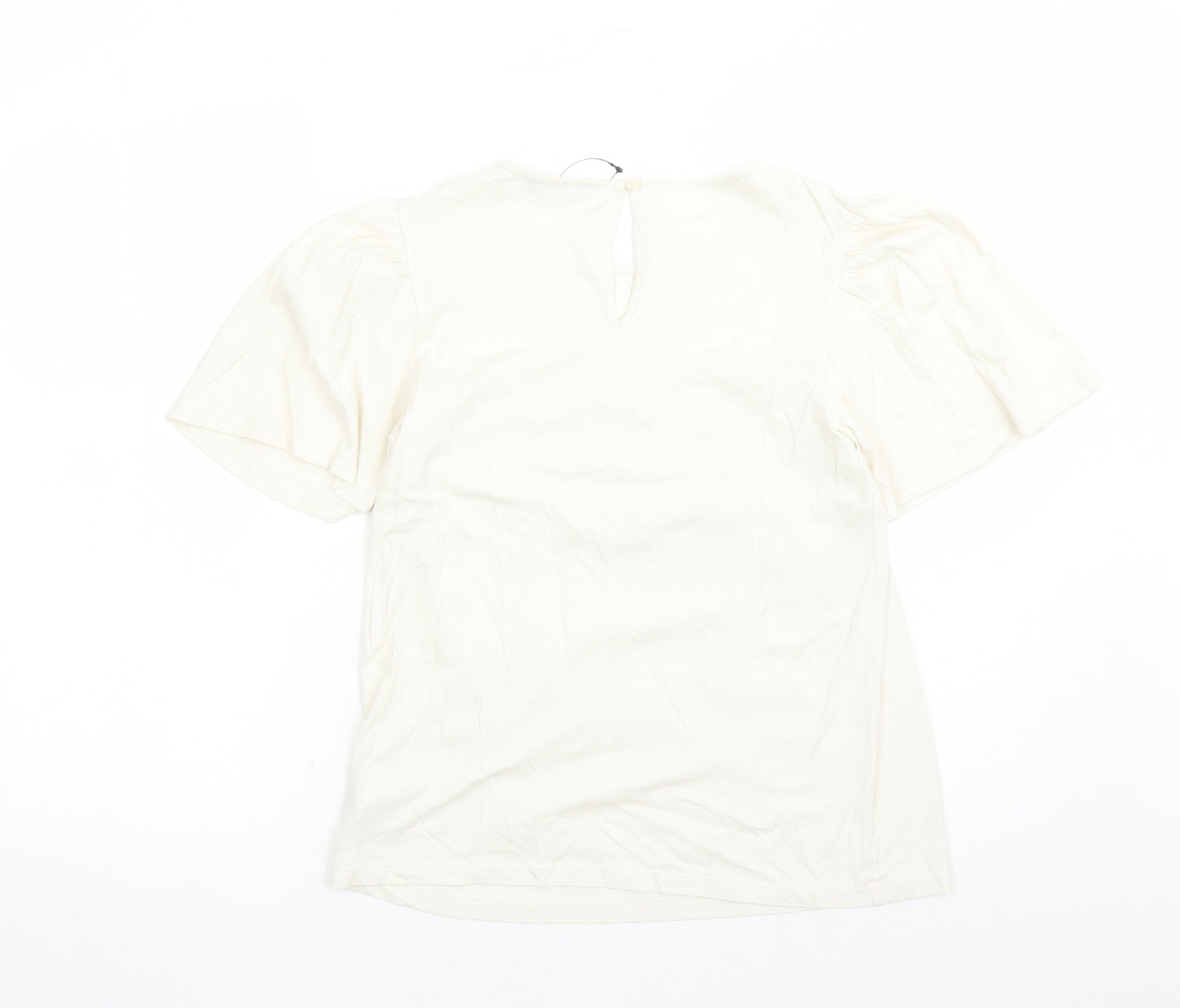 marks and Womens Ivory Floral 100% Cotton Basic T-Shirt Size 6 Round Neck - Embroidered Detail