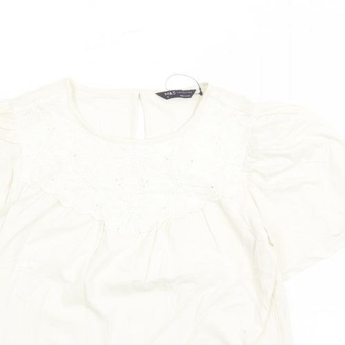 marks and Womens Ivory Floral 100% Cotton Basic T-Shirt Size 6 Round Neck - Embroidered Detail