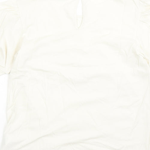 marks and Womens Ivory Floral 100% Cotton Basic T-Shirt Size 6 Round Neck - Embroidered Detail