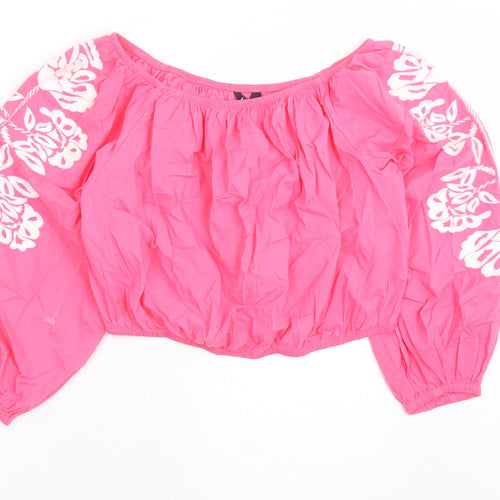 Marks and Spencer Womens Pink Floral 100% Cotton Cropped Blouse Size 18 Boat Neck - Embroidered Detail