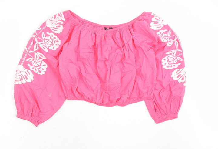 Marks and Spencer Womens Pink Floral 100% Cotton Cropped Blouse Size 18 Boat Neck - Embroidered Detail