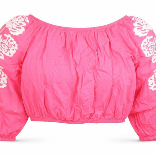 Marks and Spencer Womens Pink Floral 100% Cotton Cropped Blouse Size 18 Boat Neck - Embroidered Detail
