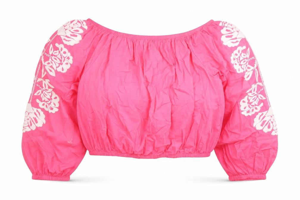 Marks and Spencer Womens Pink Floral 100% Cotton Cropped Blouse Size 18 Boat Neck - Embroidered Detail