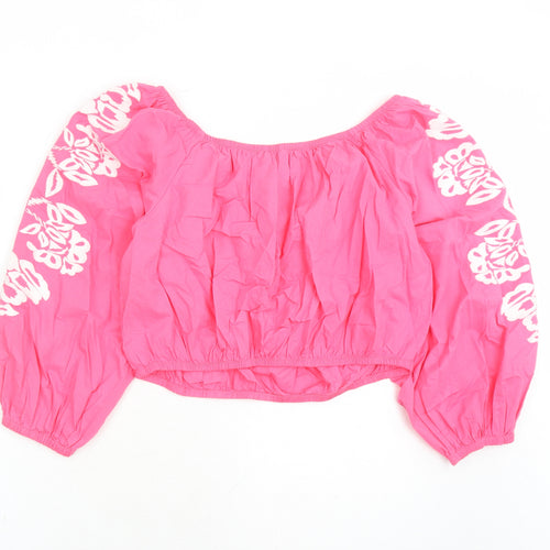 Marks and Spencer Womens Pink Floral 100% Cotton Cropped Blouse Size 18 Boat Neck - Embroidered Detail