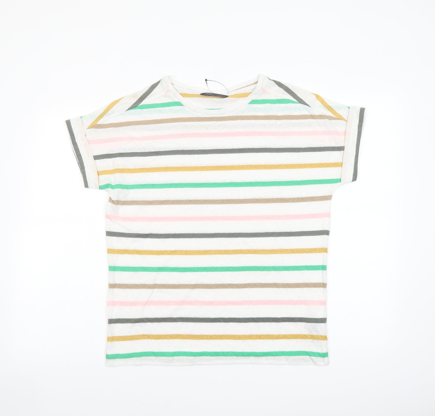 Marks and Spencer Womens Multicoloured Striped Linen Basic T-Shirt Size 10 Round Neck
