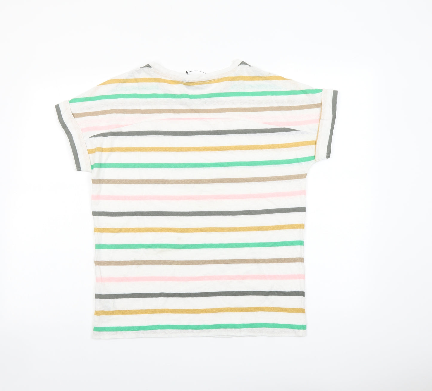 Marks and Spencer Womens Multicoloured Striped Linen Basic T-Shirt Size 10 Round Neck