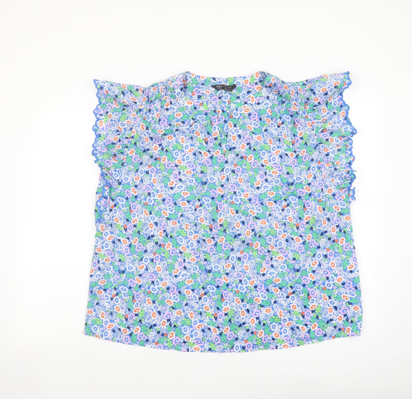 Marks and Spencer Womens Blue Floral Cotton Basic Blouse Size 18 V-Neck