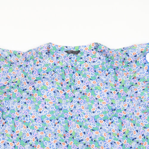 Marks and Spencer Womens Blue Floral Cotton Basic Blouse Size 18 V-Neck