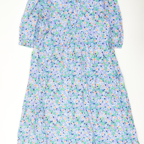 Marks and Spencer Womens Blue Floral Cotton A-Line Size 14 Round Neck Tie