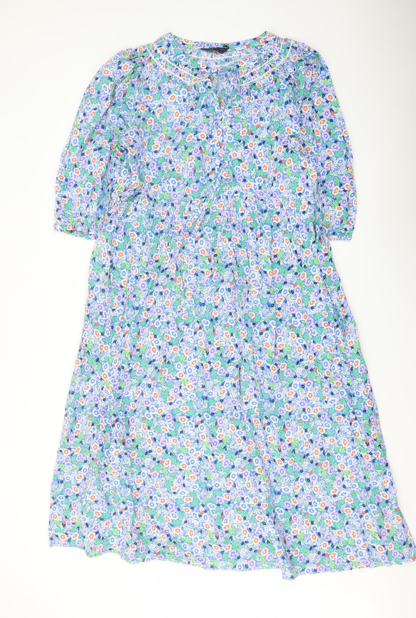 Marks and Spencer Womens Blue Floral Cotton A-Line Size 14 Round Neck Tie