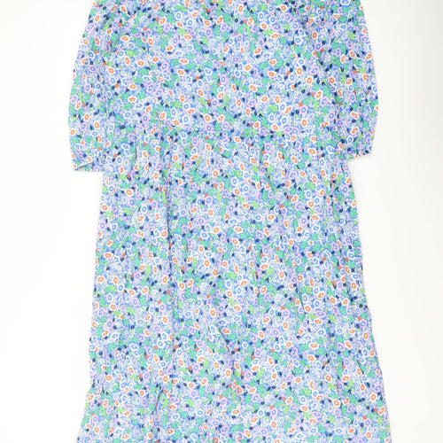 Marks and Spencer Womens Blue Floral Cotton A-Line Size 14 Round Neck Tie