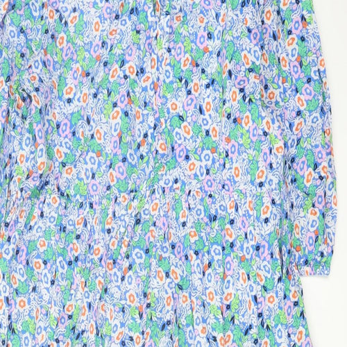 Marks and Spencer Womens Blue Floral Cotton A-Line Size 14 Round Neck Tie