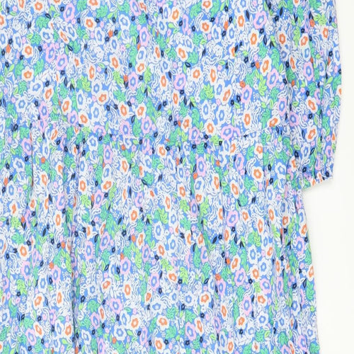 Marks and Spencer Womens Blue Floral Cotton A-Line Size 14 Round Neck Tie