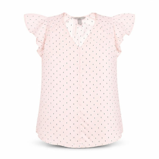 Front view of H&M women’s pink geometric polyester basic blouse, size UK 8, v-neck