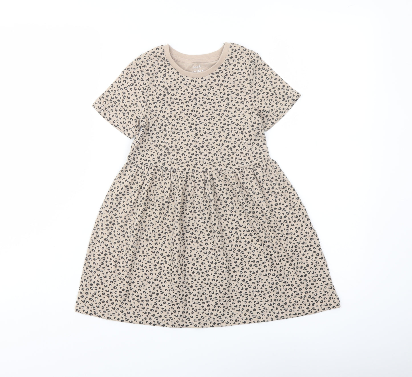 Marks and# Girls Beige Animal Print Cotton A-Line Size 4-5 Years Crew Neck Pullover