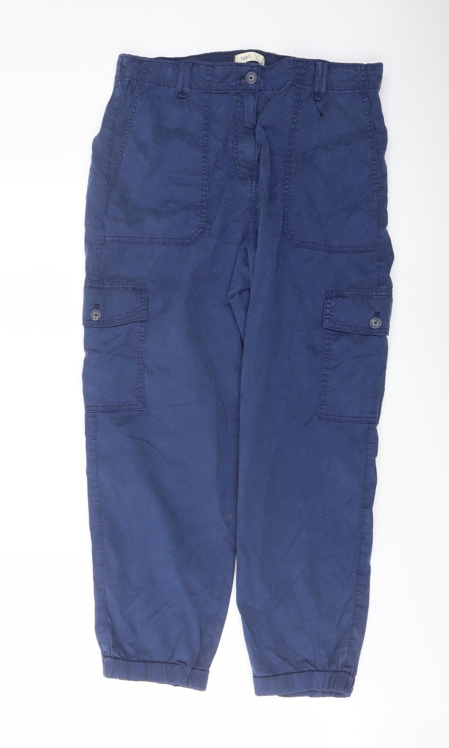 Marks and Spencer Womens Blue Lyocell Cargo Trousers Size 14 L25 in Regular Button