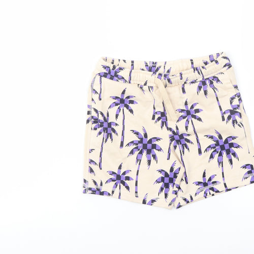 Marks and Spencer Boys Beige Geometric Cotton Sweat Shorts Size 6-7 Years Regular Drawstring
