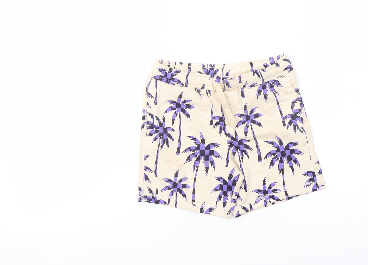 Marks and Spencer Boys Beige Geometric Cotton Sweat Shorts Size 6-7 Years Regular Drawstring