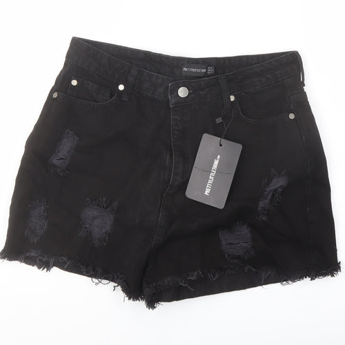 PRETTYLITTLETHING Womens Black Cotton Mom Shorts Size 12 L3 in Regular Button