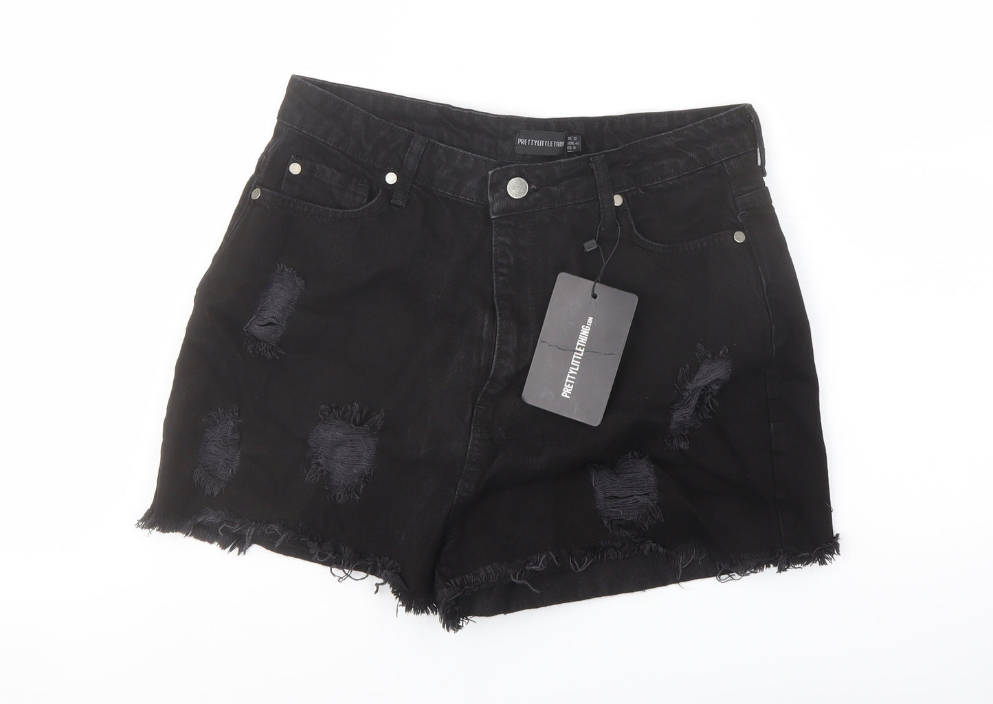PRETTYLITTLETHING Womens Black Cotton Mom Shorts Size 12 L3 in Regular Button