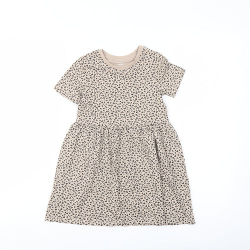 Marks and Spencer Girls Beige Animal Print Cotton A-Line Size 4-5 Years Cowl Neck Pullover