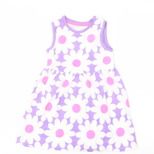 Marks and Spencer Girls Purple Floral Cotton A-Line Size 3-4 Years Crew Neck Pullover