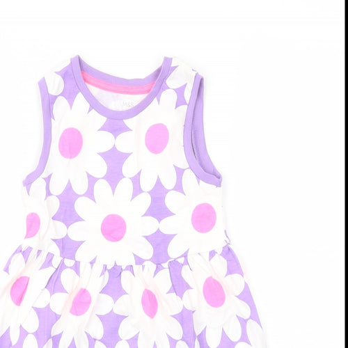 Marks and Spencer Girls Purple Floral Cotton A-Line Size 3-4 Years Crew Neck Pullover
