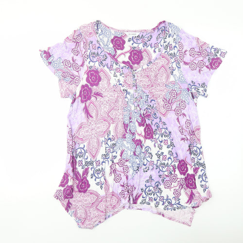 Evans Womens Purple Geometric Viscose Basic T-Shirt Size 16 V-Neck