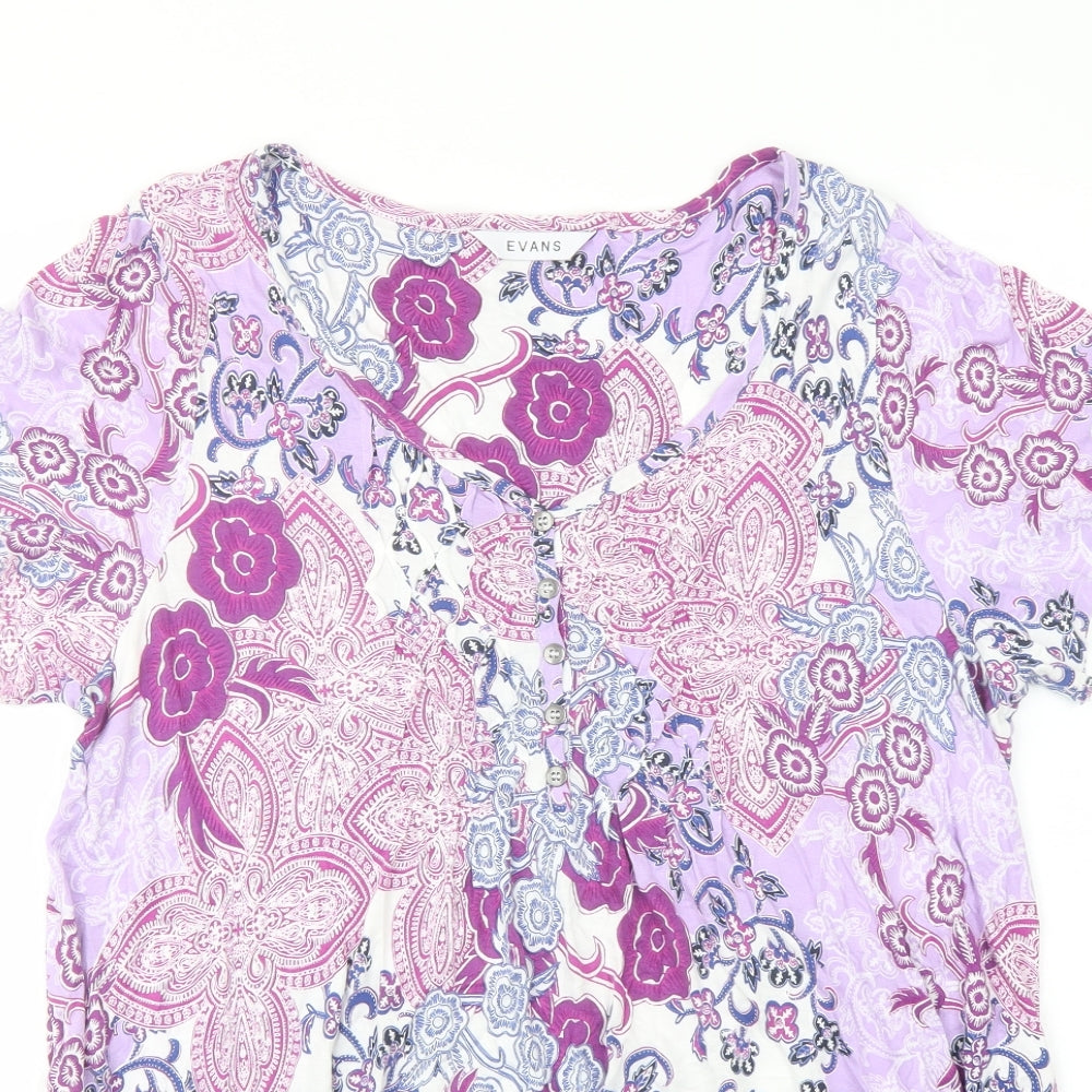 Evans Womens Purple Geometric Viscose Basic T-Shirt Size 16 V-Neck