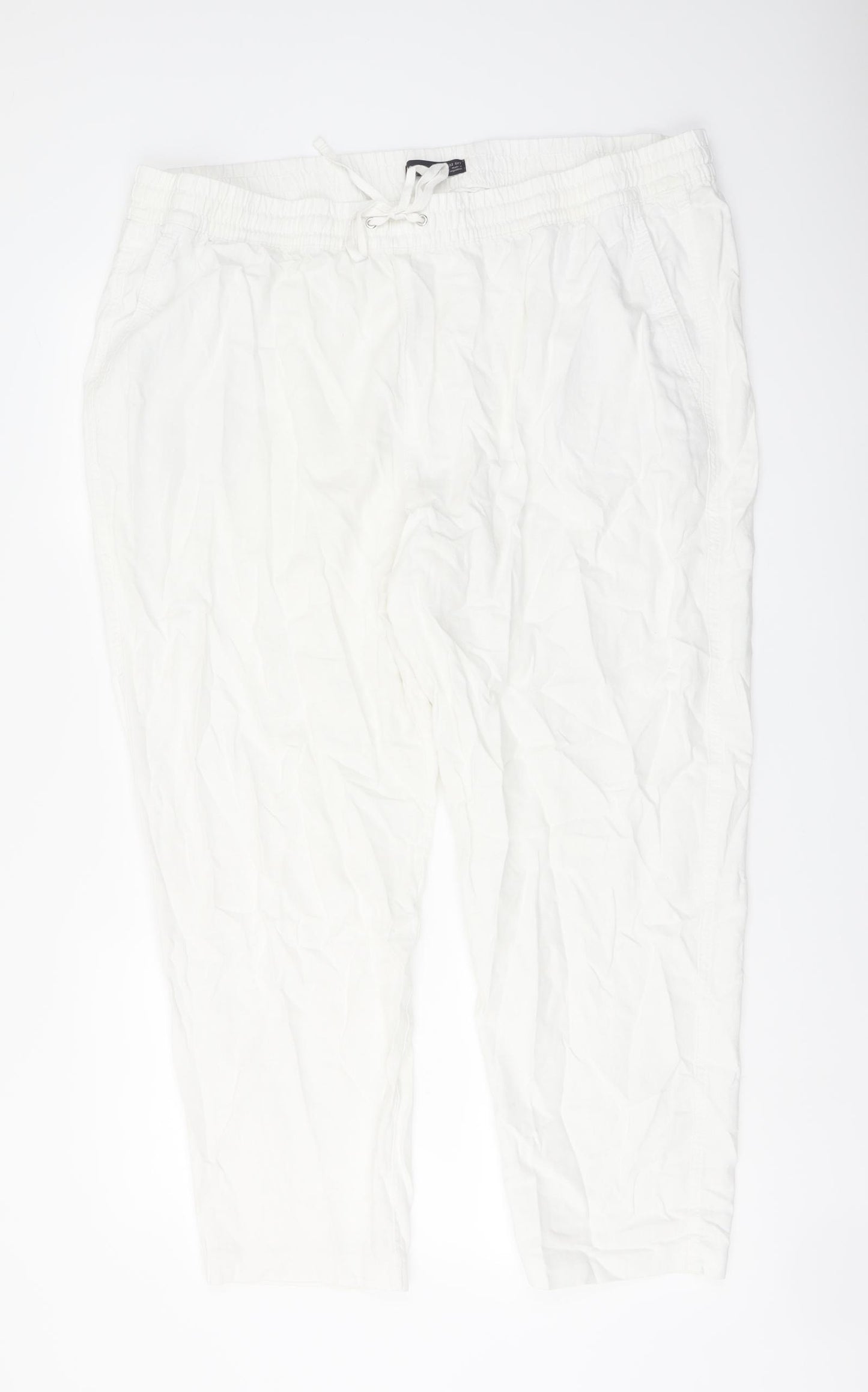 Marks and Spencer Womens White Linen Trousers Size 22 L26 in Regular Drawstring