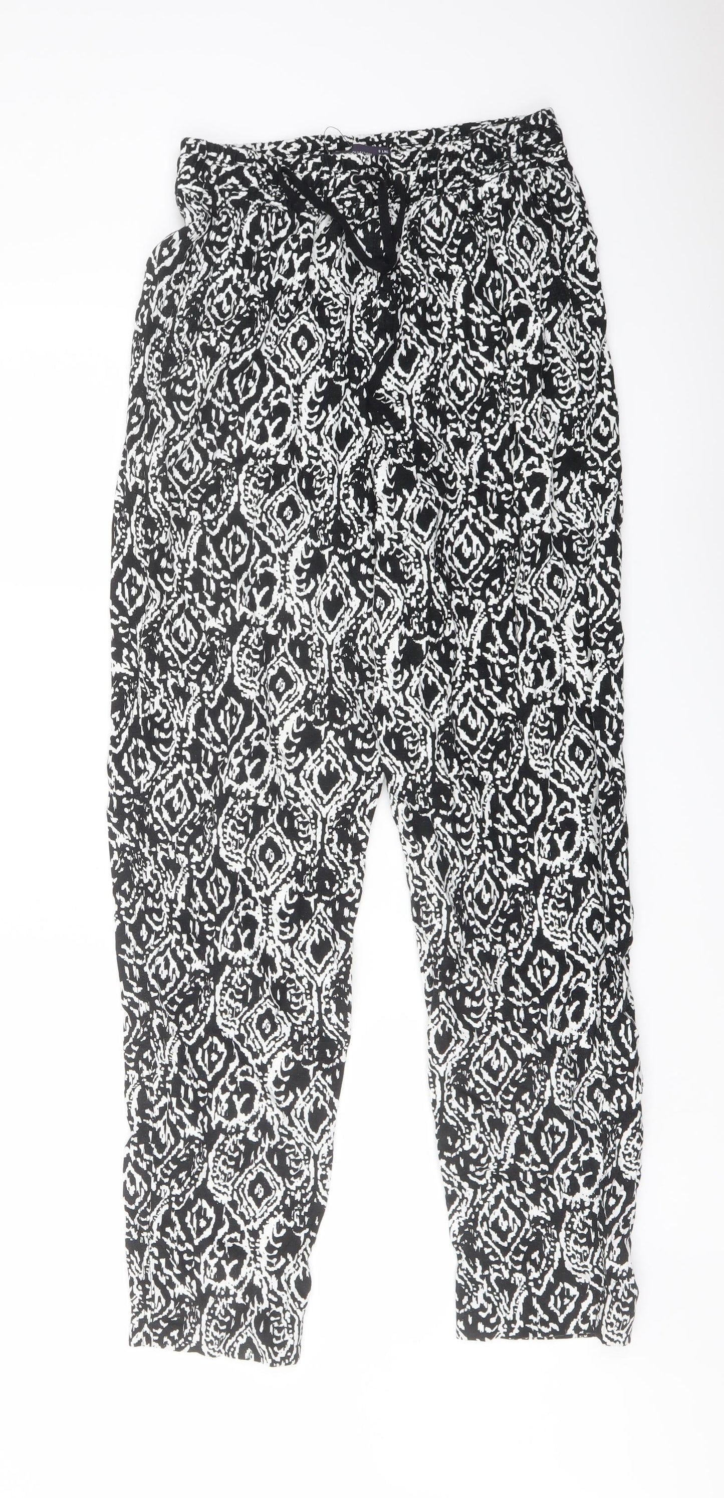 Marks and Spencer Womens Black Geometric Linen Trousers Size 8 L30 in Regular Drawstring