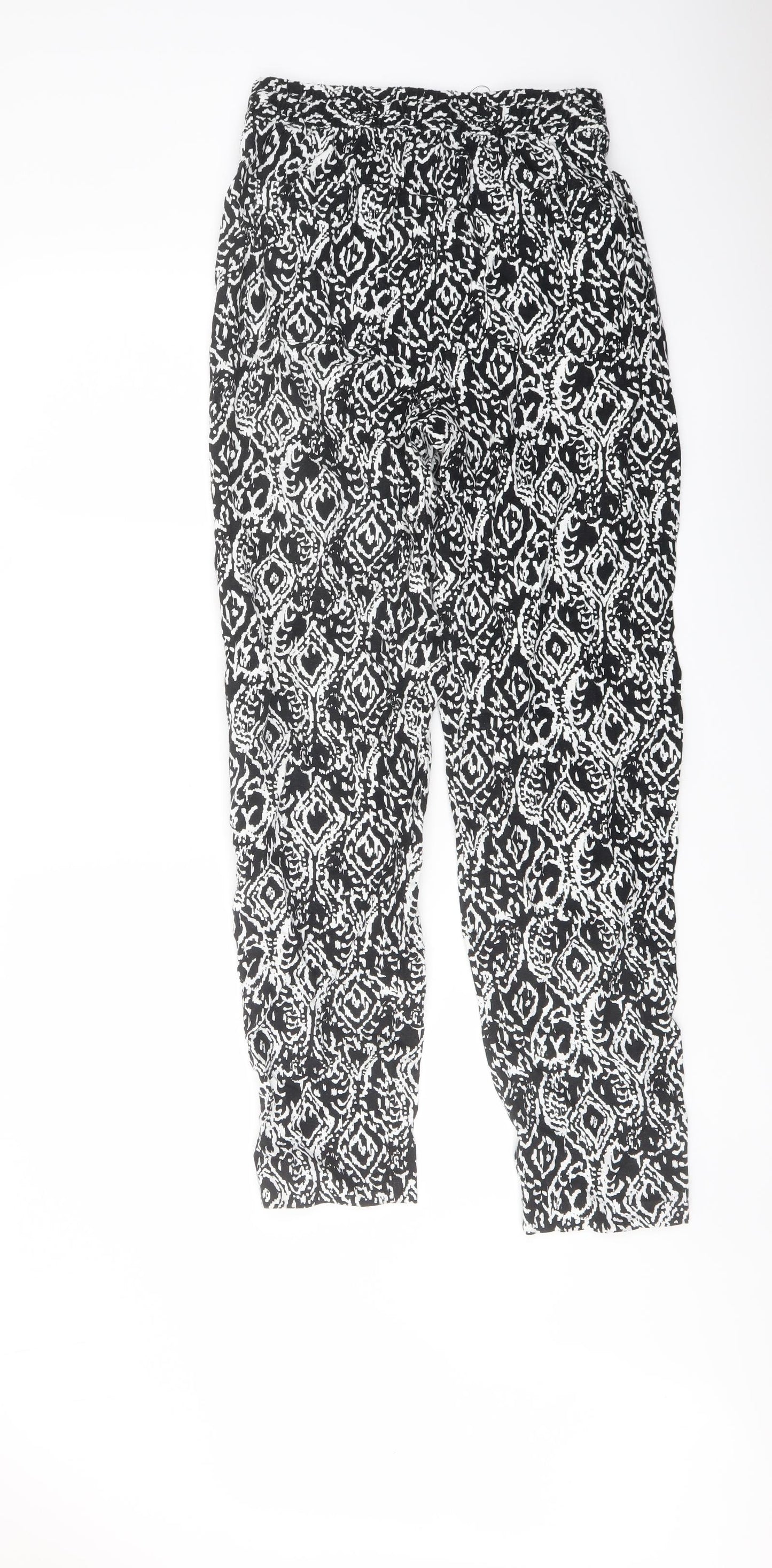 Marks and Spencer Womens Black Geometric Linen Trousers Size 8 L30 in Regular Drawstring