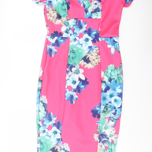 ASOS Womens Pink Floral Polyester Bodycon Size 10 V-Neck Zip