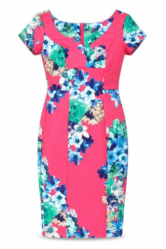 Front view of ASOS women’s pink floral polyester bodycon, size UK 10, v-neck zip