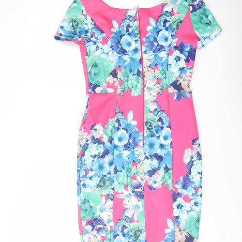 ASOS Womens Pink Floral Polyester Bodycon Size 10 V-Neck Zip