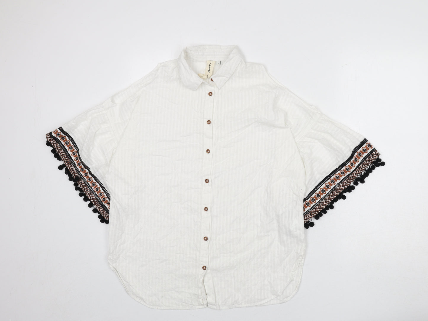 River Island Womens White Cotton Basic Button-Up Size M Collared - Embroidered Detail, Bobbles