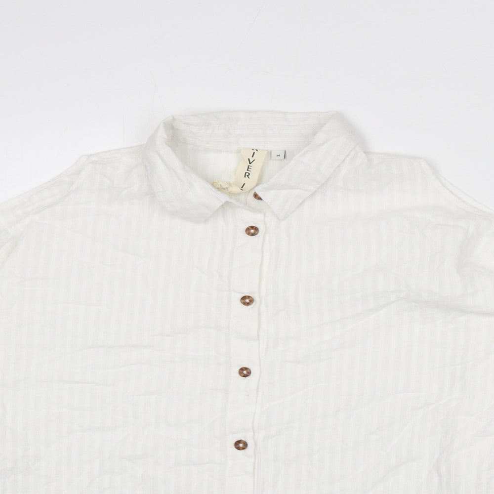 River Island Womens White Cotton Basic Button-Up Size M Collared - Embroidered Detail, Bobbles
