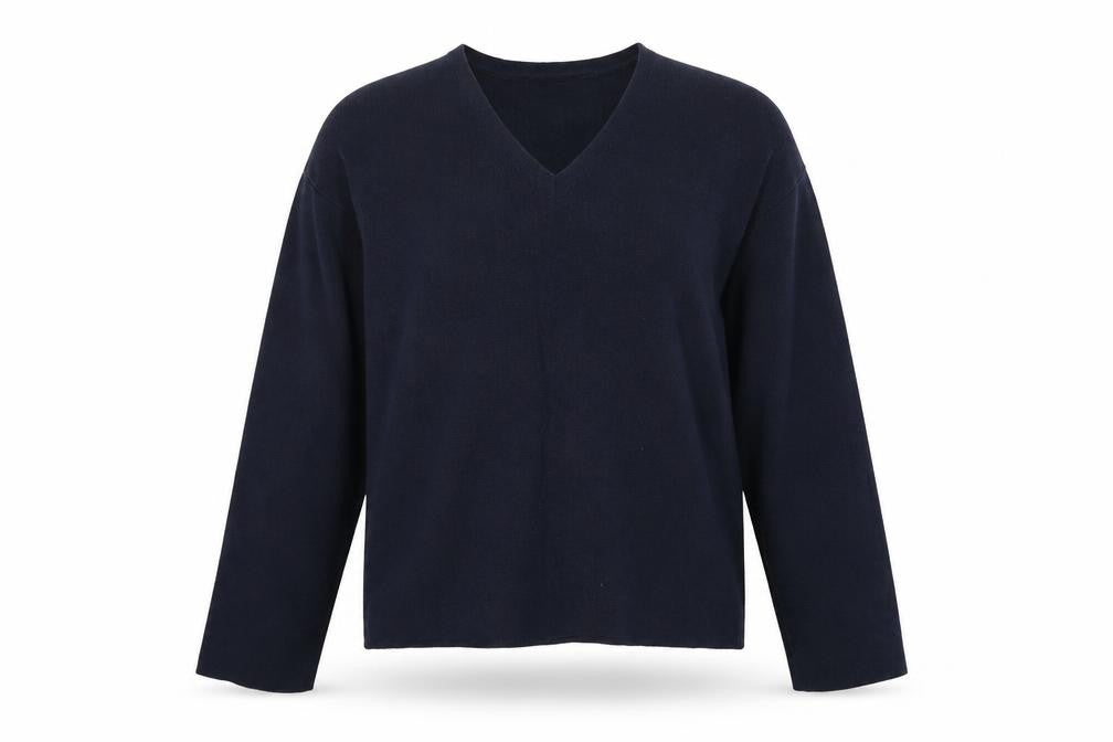 Front view of Marks & Spencer women’s blue v-neck cotton jumper, size M