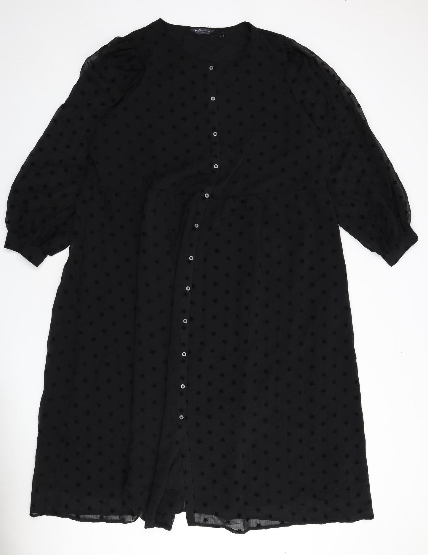 Marks and Spencer Womens Black Geometric Polyester A-Line Size 24 Round Neck Button - Star Print