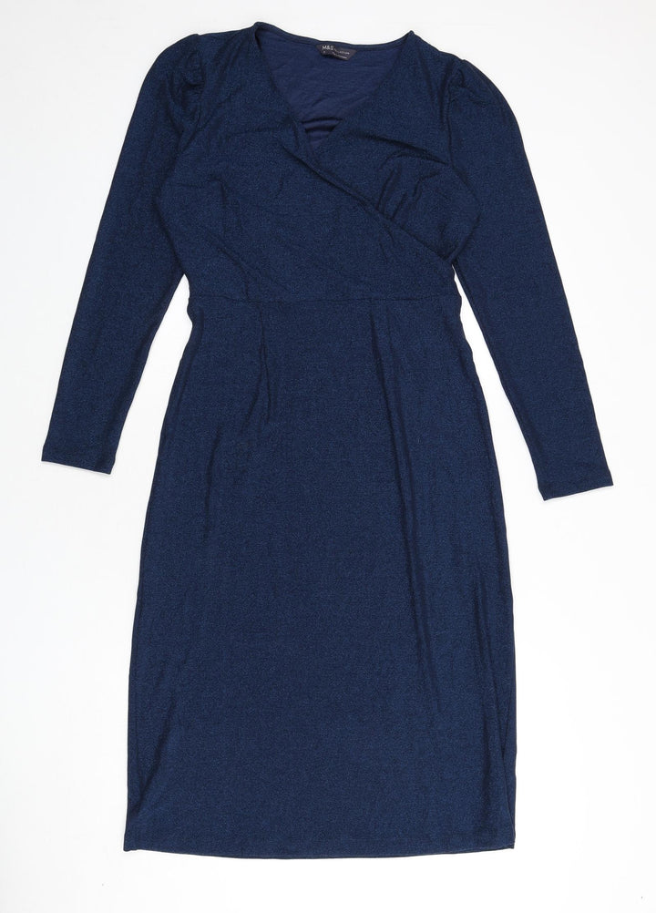 Marks and Spencer Womens Blue Polyester A-Line Size 10 V-Neck Pullover - Sparkle