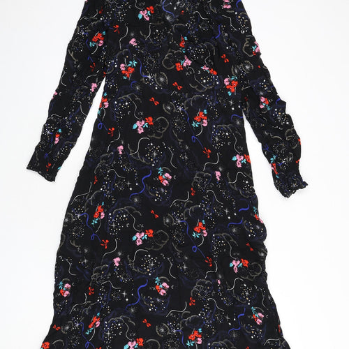 Marks and Spencer Womens Black Geometric Viscose A-Line Size 10 V-Neck Zip - Flowers